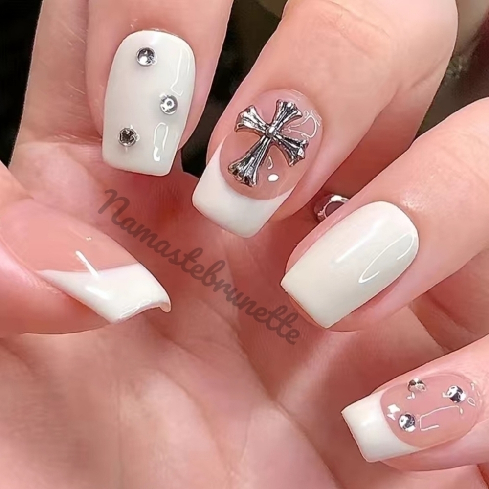 2/$16 Rhinestone Cross French Manicure Press on Nails